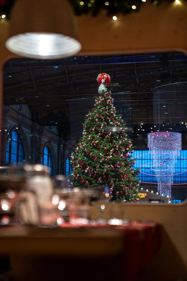 Blick aus dem Fondue-Express auf den Weihnachtsbaum in der Halle, Hochformat.