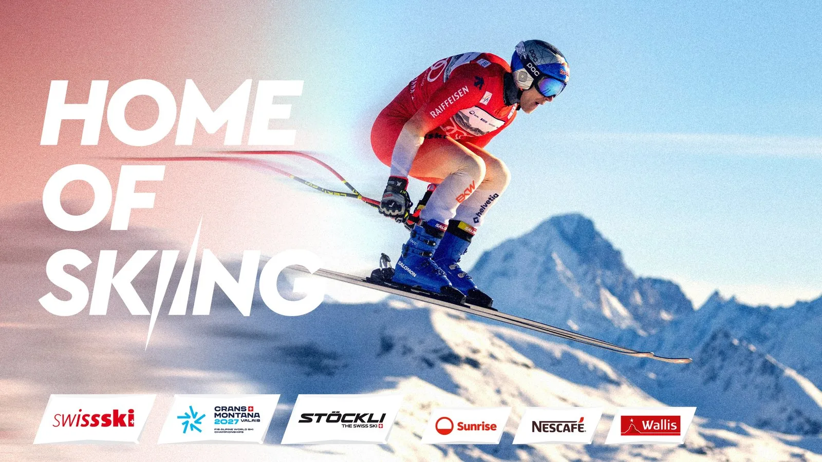 Key Visual Home of Skiing: Marco Odermatt im Sprung, darunter die Logos der Lounge-Partner